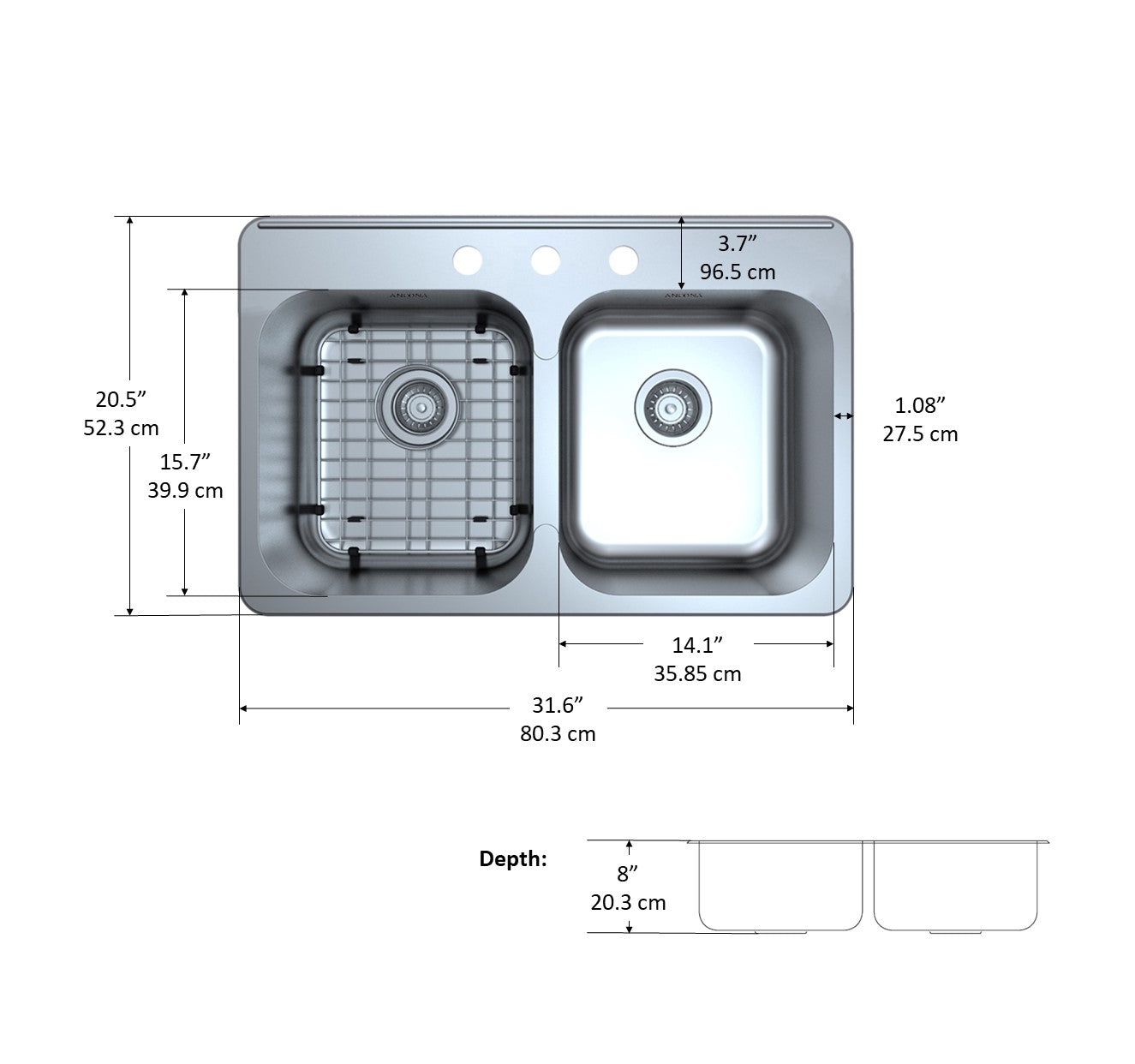 Capri Series Drop-in Stainless Steel 32 in. 3-Hole 50/50 Double Bowl Kitchen Sink with Grid and Strainers