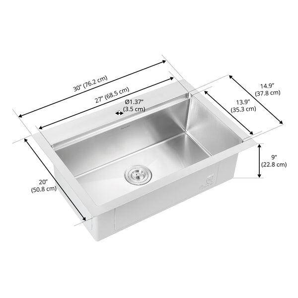 Ancona 30" Handmade Drop-in Single Bowl Workstation Kitchen Sink with Accessories in Satin Stainless Steel