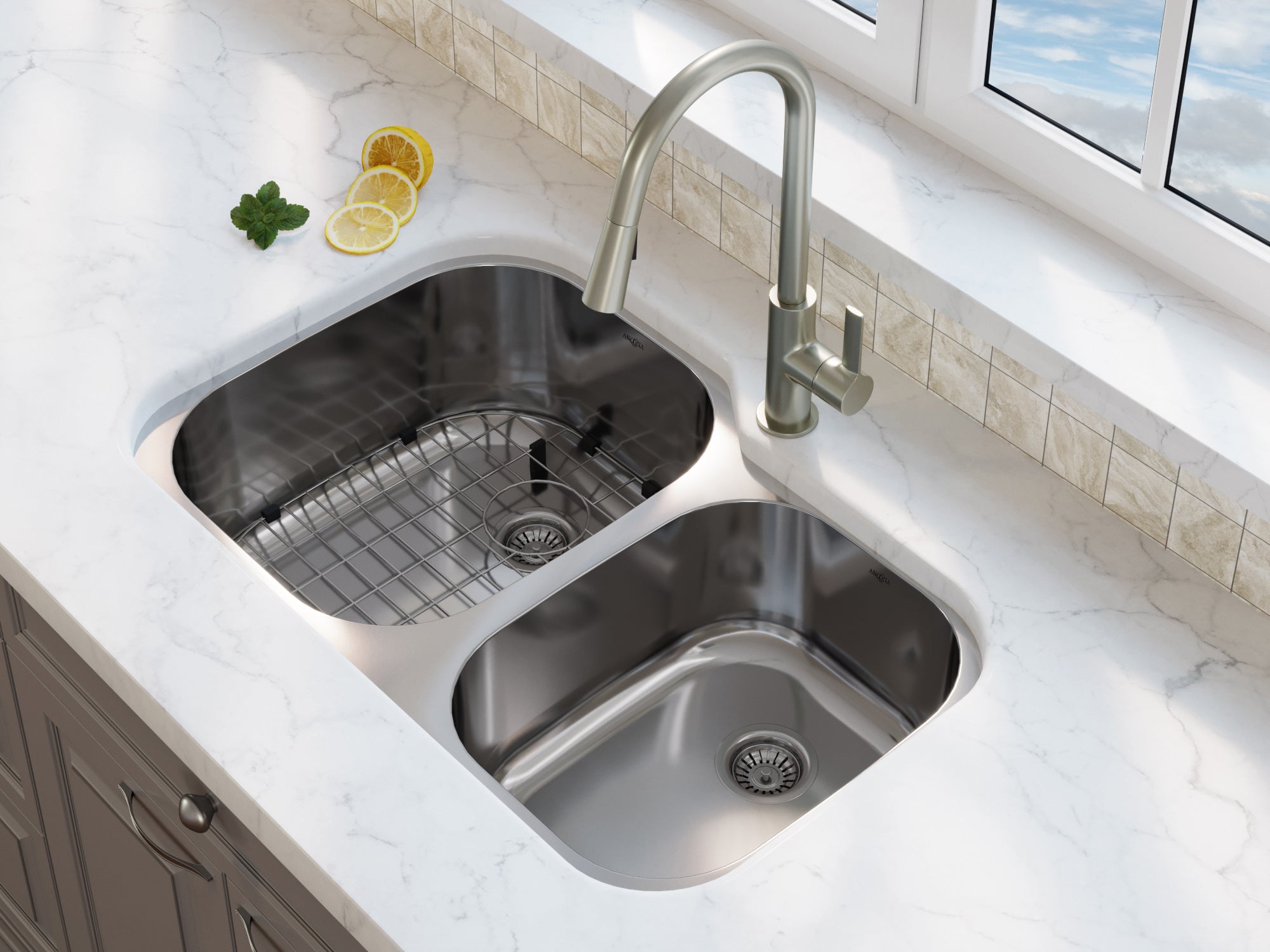 Capri Series Undermount Stainless Steel 32 in. 60/40 Double Bowl Kitchen Sink in Satin Finish with Grid and Strainers