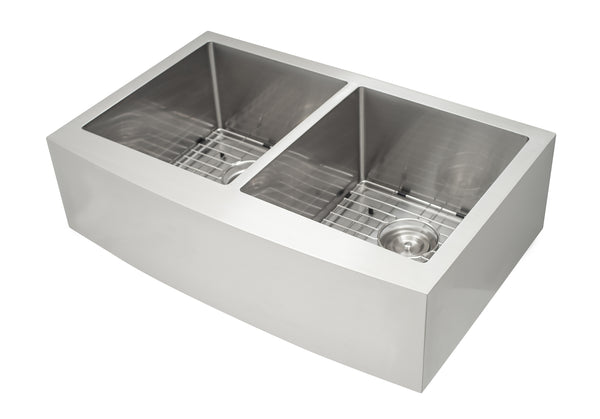Prestige Series Farmhouse Apron Undermount Stainless Steel 33 in. 50/50 Double Bowl Handmade Sink with Grid and Strainer