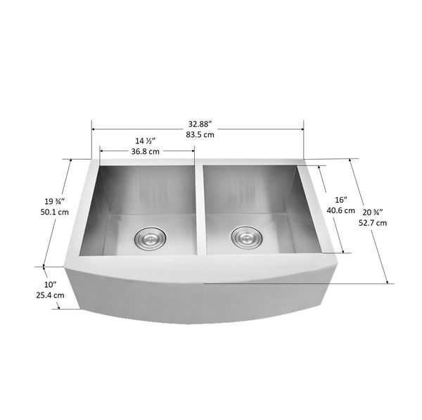 Prestige Series Farmhouse Apron Undermount Stainless Steel 33 in. 50/50 Double Bowl Handmade Sink with Grid and Strainer