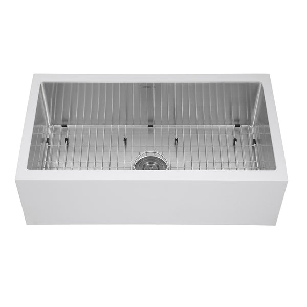 Ancona évier à cuve unique et à tablier frontal sous plan de style campagnard de 33” en blanc et acier inoxydable