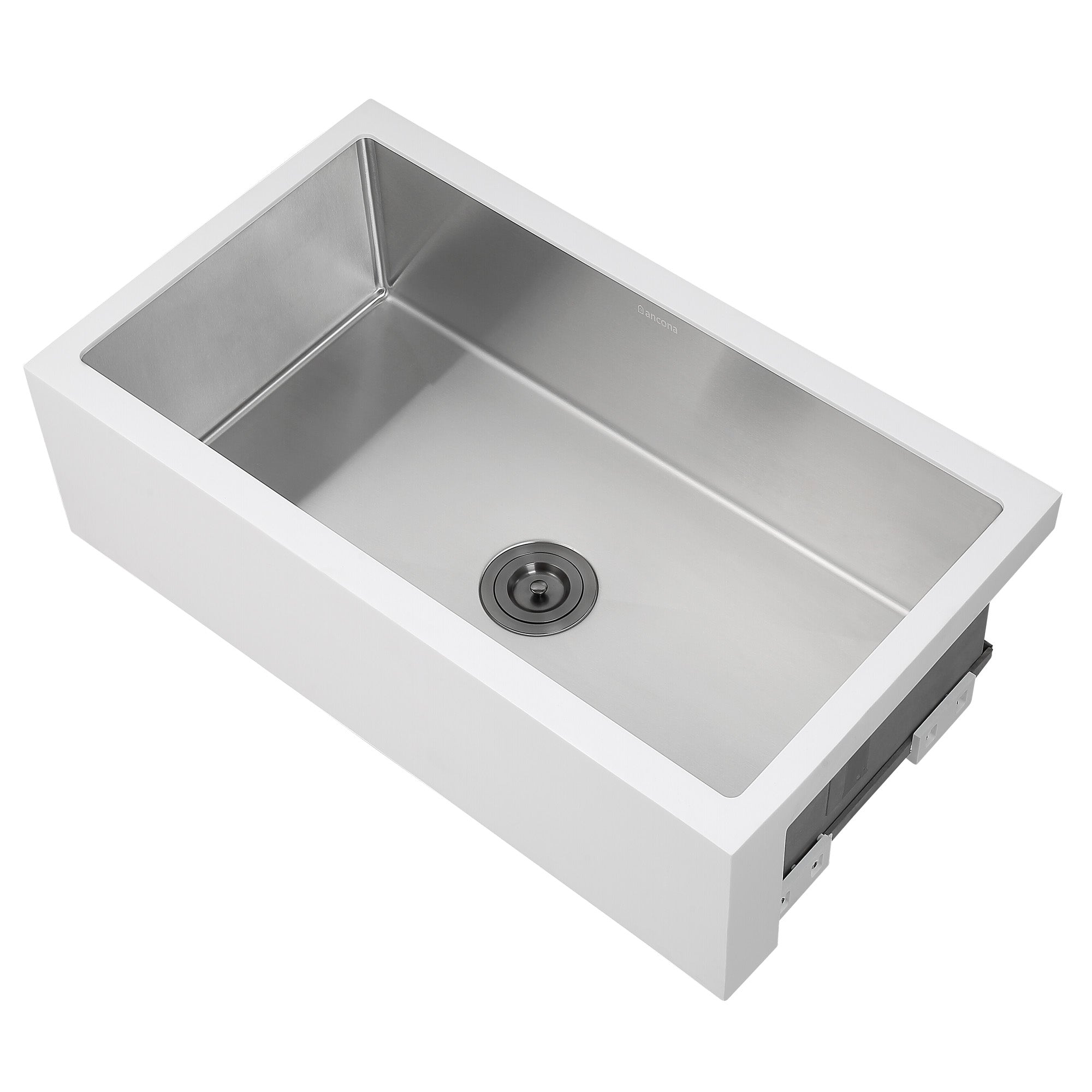 Ancona évier à cuve unique et à tablier frontal sous plan de style campagnard de 33” en blanc et acier inoxydable