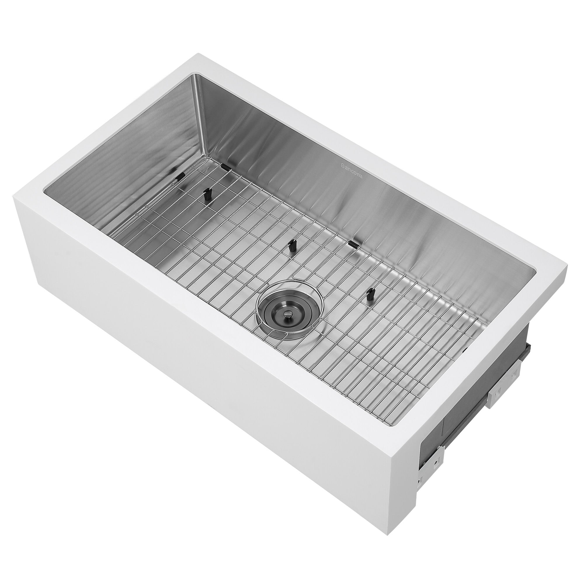 Ancona évier à cuve unique et à tablier frontal sous plan de style campagnard de 33” en blanc et acier inoxydable