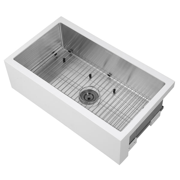 Ancona évier à cuve unique et à tablier frontal sous plan de style campagnard de 33” en blanc et acier inoxydable