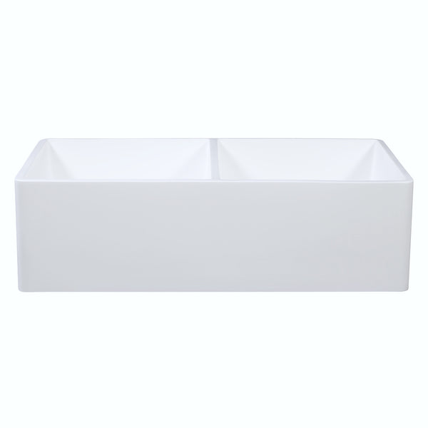 Ancona 36” Undermount Farmhouse 50/50 Double Bowl Apron Front Sink in Pure Acrylic Stone with Grid and Strainer in White