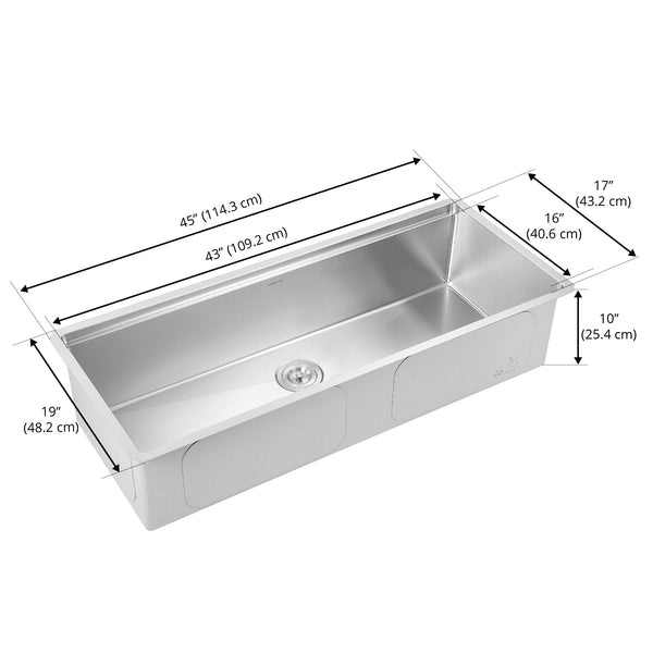 Ancona 45" Handmade Undermount Single Bowl Workstation Kitchen Sink with Accessories in Satin Stainless Steel