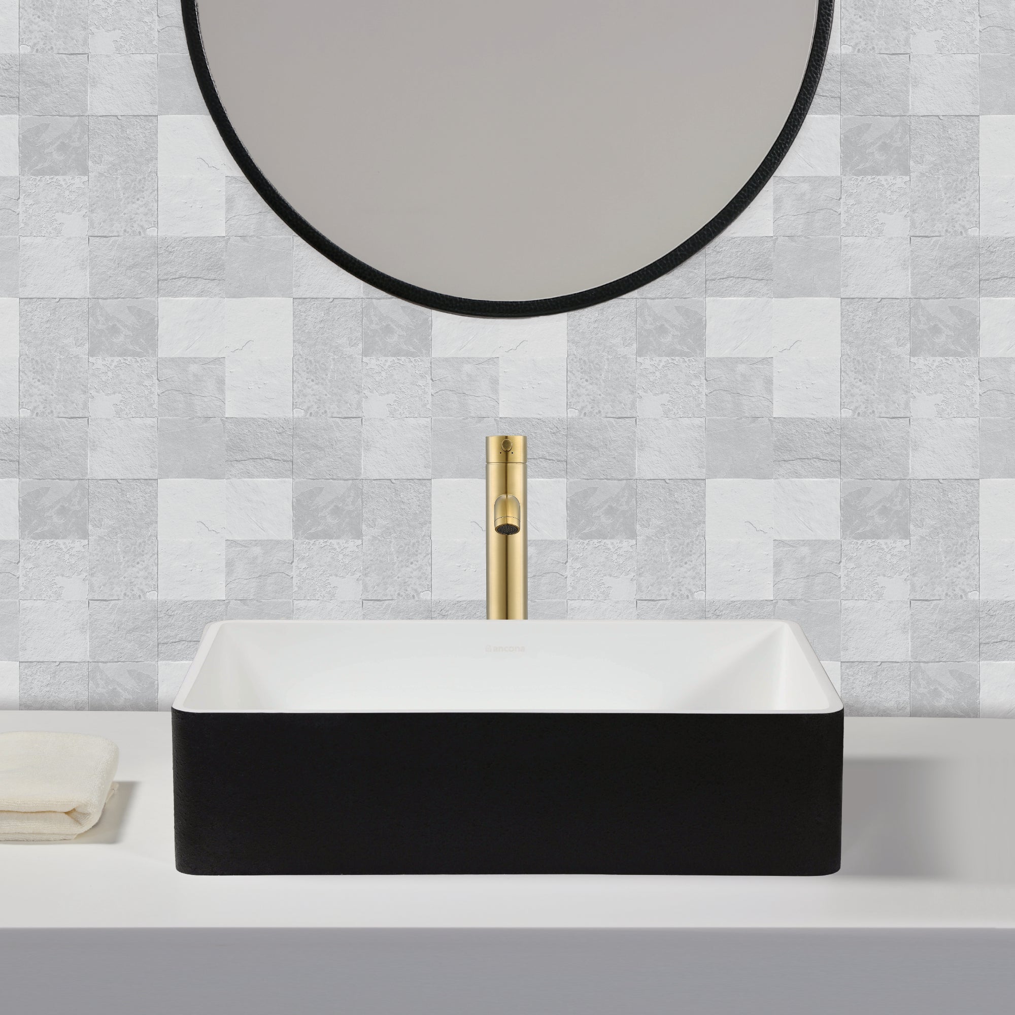 Ancona vasque de salle de bain Holbrook en noir et blanc avec robinet monotrou Argenta pour vasque en champagne doré brossé