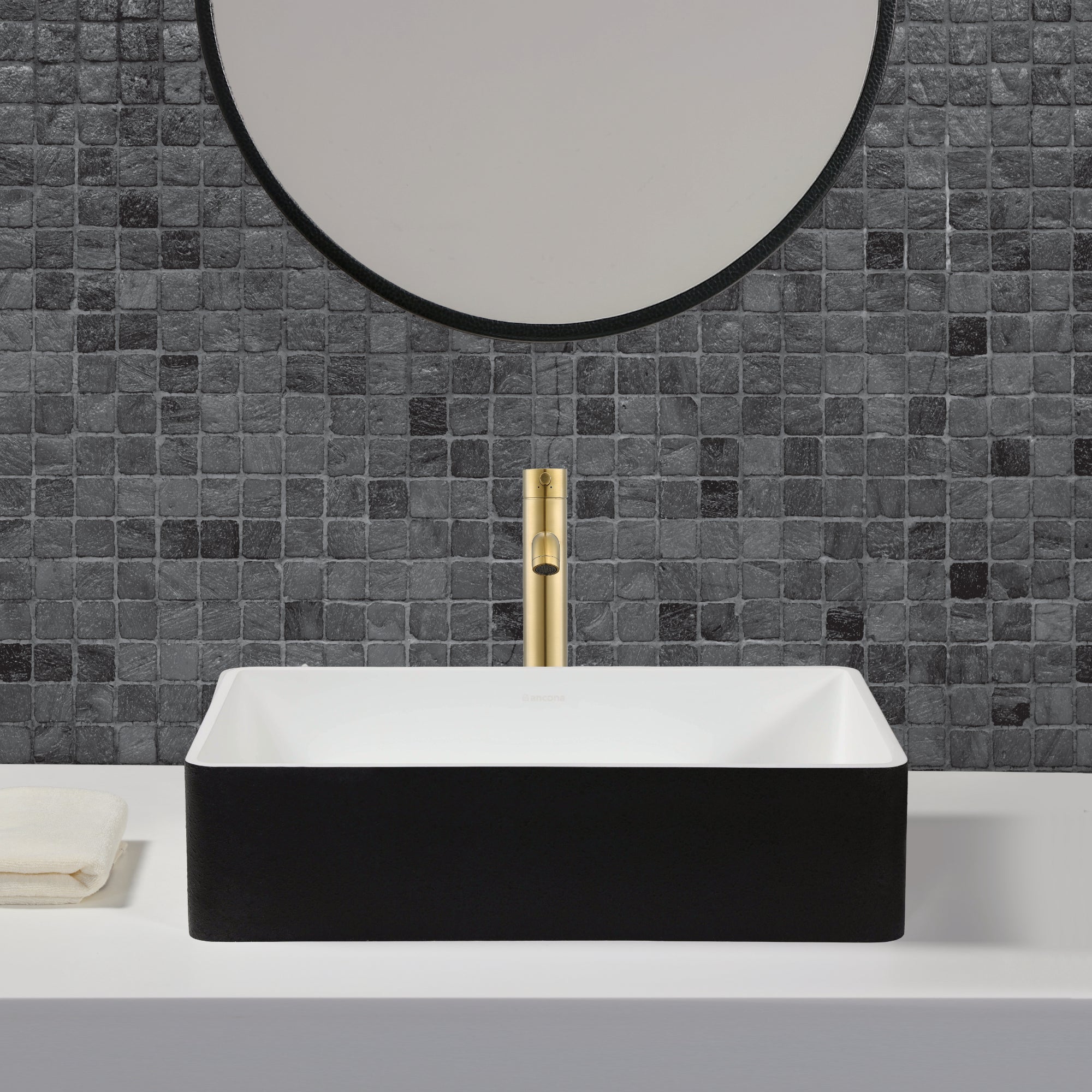 Ancona Holbrook Bathroom Vessel Sink in Black and White with Argenta Vessel Bathroom Faucet in Brushed Champagne Gold