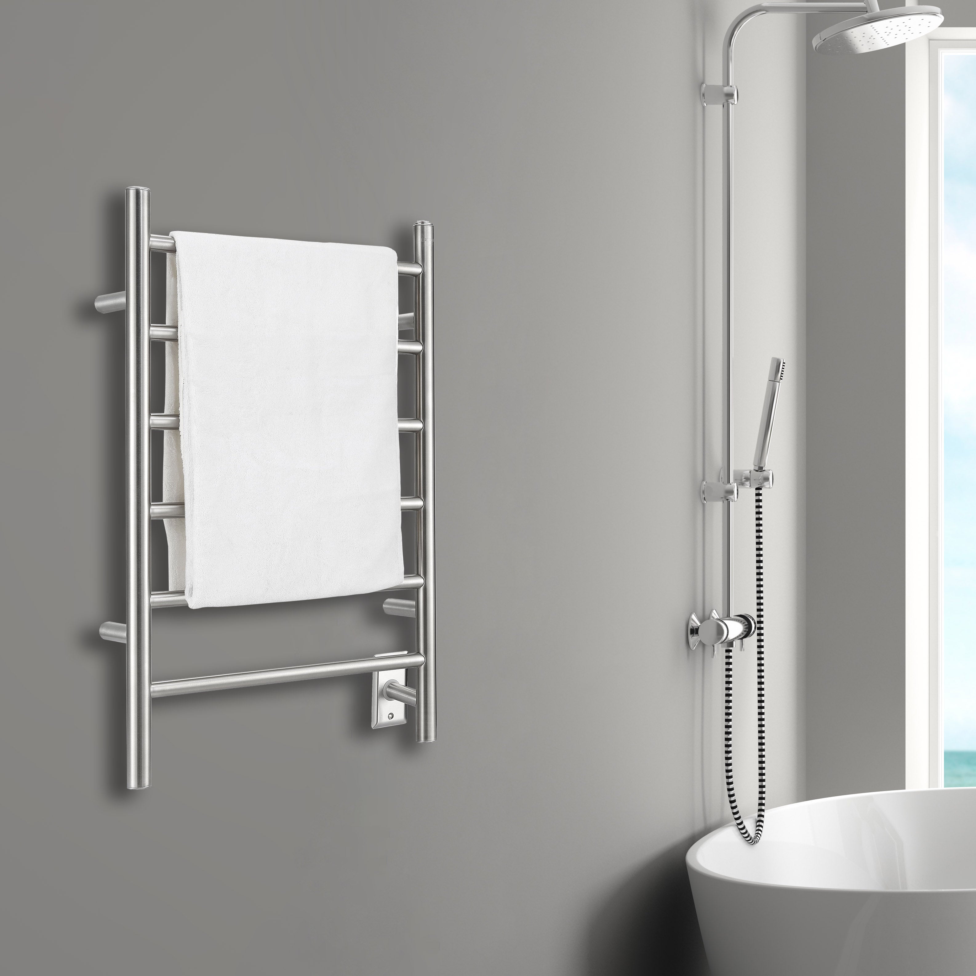 Porte-serviettes chauffant électrique (câblé et sur prise) Comfort Dual à six barres en acier inoxydable poli