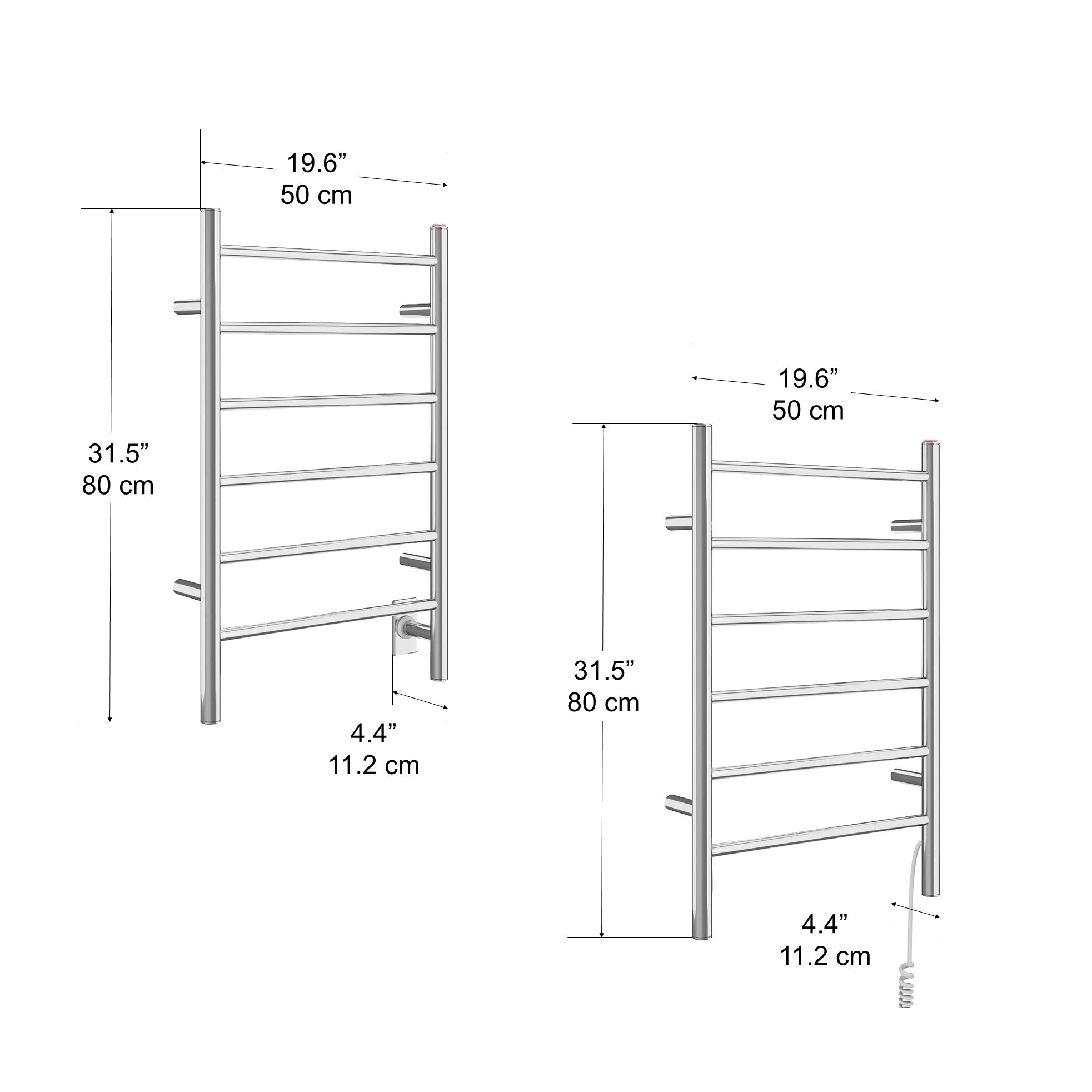 Porte-serviettes chauffant électrique (câblé et sur prise) Comfort Dual à six barres en acier inoxydable poli