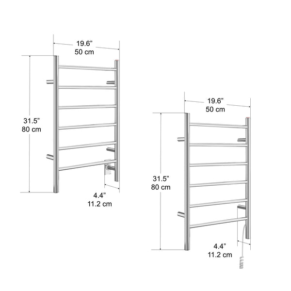 Porte-serviettes chauffant électrique (câblé et sur prise) Comfort Dual à six barres en acier inoxydable poli