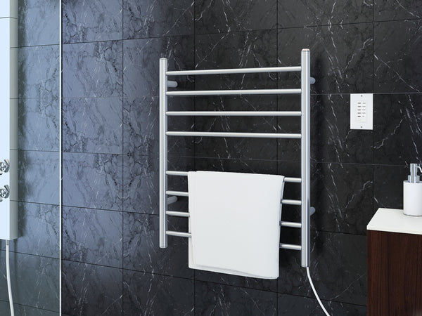 Prestige Dual 8-Bar Hardwired and Plug-in Towel Warmer in Polished Stainless Steel with Wall Countdown Timer