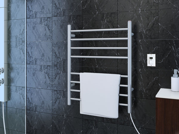 Prestige Dual 8-Bar Hardwired and Plug-in Towel Warmer in Polished Stainless Steel with Timer