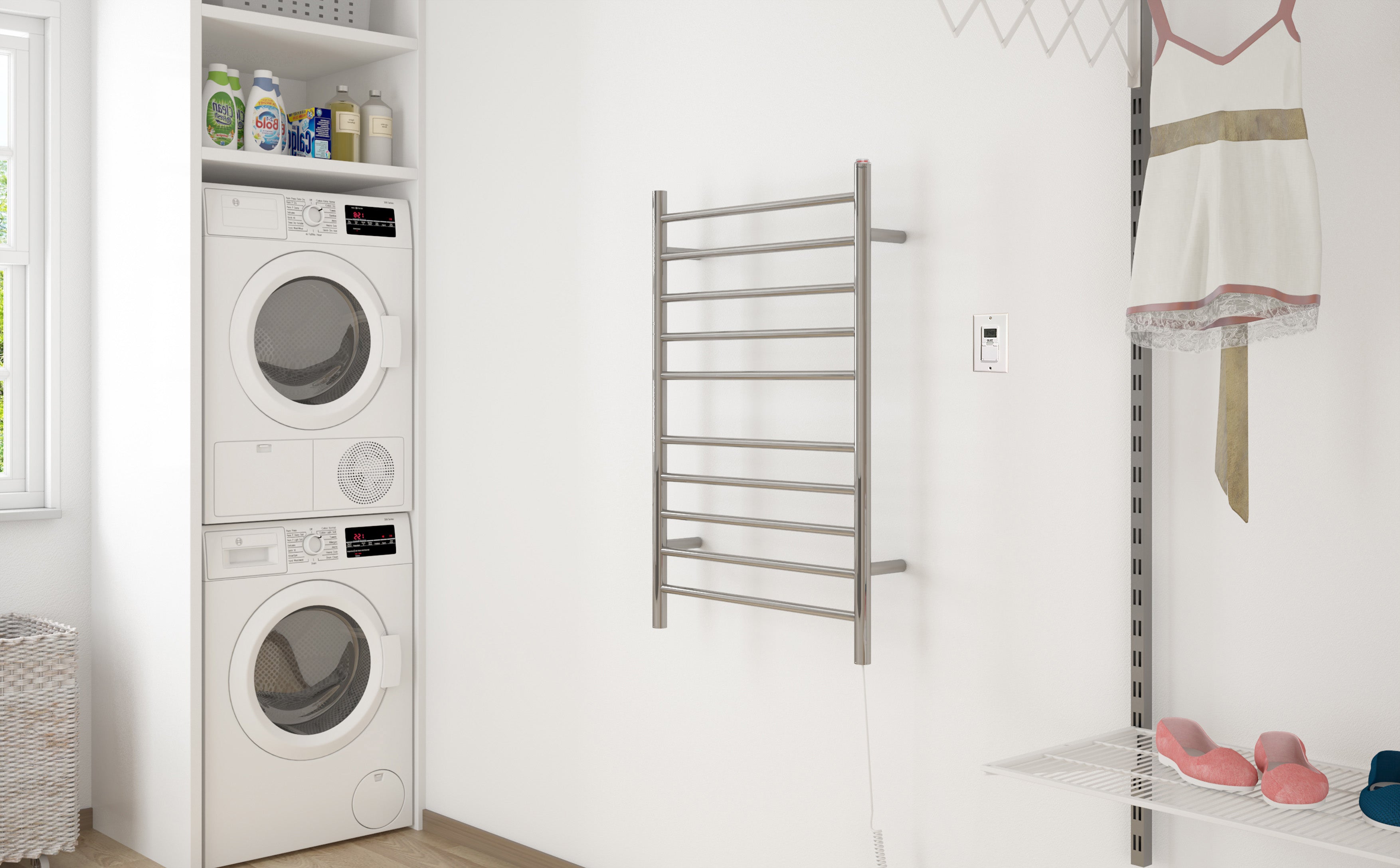 Comfort Dual 10-Bar Hardwired and Plug-in Towel Warmer in Polished Stainless Steel with Timer