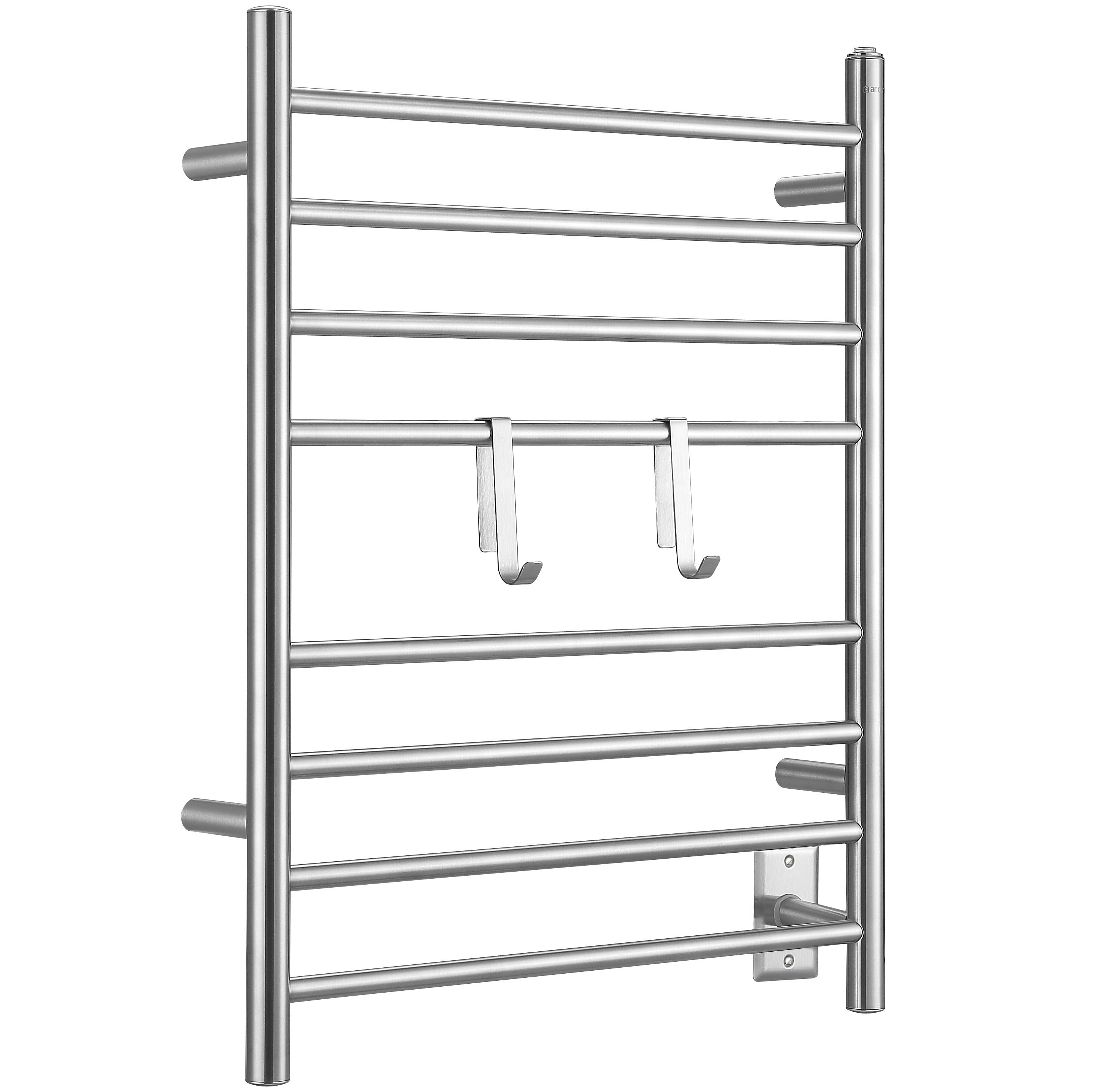 Ancona - Porte-serviettes chauffant électrique (câblé et sur prise) à 8 barres de la gamme Prestige Dual en acier inoxydable brossé avec 2 crochets ajustables