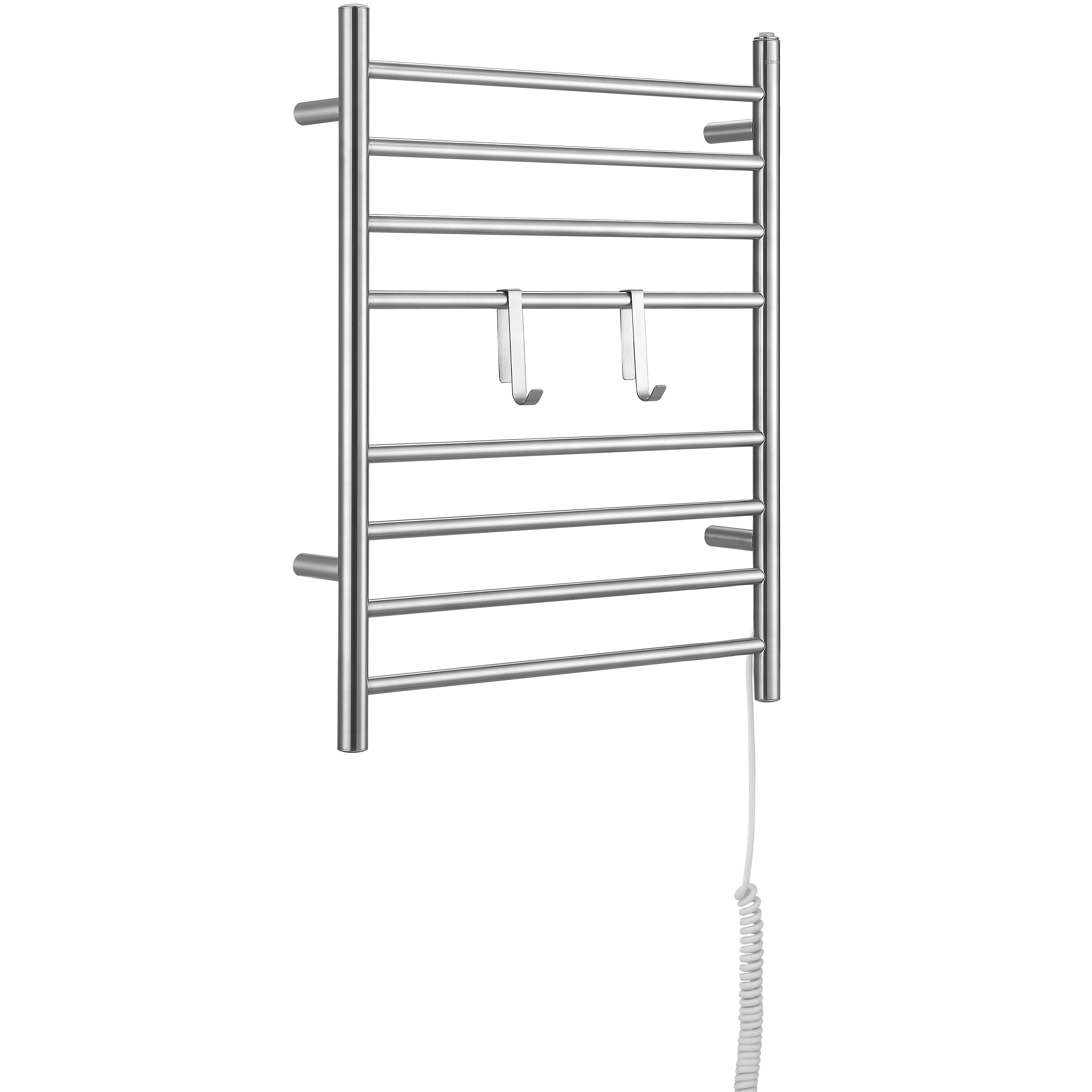 Ancona - Porte-serviettes chauffant électrique (câblé et sur prise) à 8 barres de la gamme Prestige Dual en acier inoxydable brossé avec 2 crochets ajustables