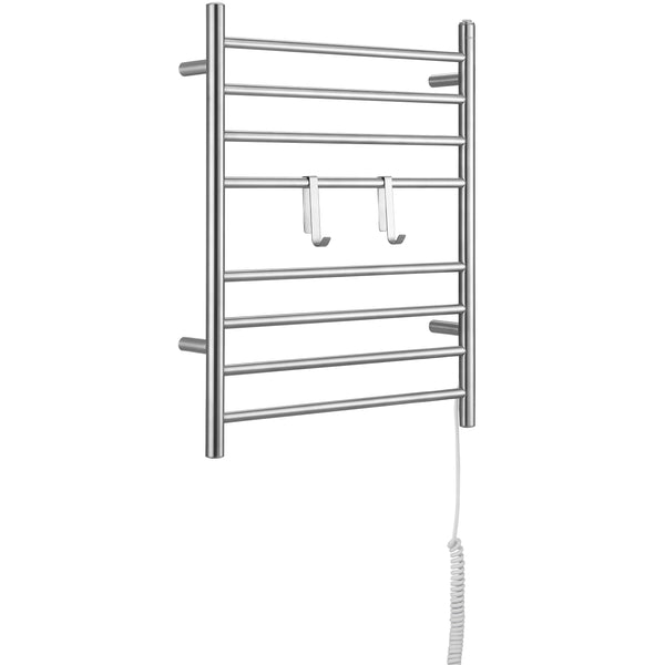 Ancona - Porte-serviettes chauffant électrique (câblé et sur prise) à 8 barres de la gamme Prestige Dual en acier inoxydable brossé avec 2 crochets ajustables