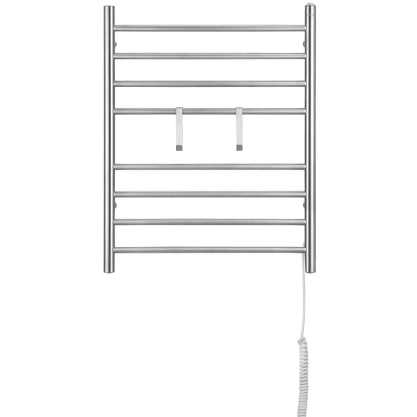 Ancona - Porte-serviettes chauffant électrique (câblé et sur prise) à 8 barres de la gamme Prestige Dual en acier inoxydable brossé avec 2 crochets ajustables