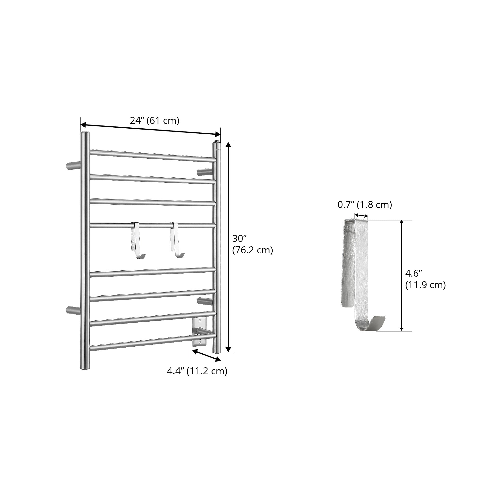 Ancona - Porte-serviettes chauffant électrique (câblé et sur prise) à 8 barres de la gamme Prestige Dual en acier inoxydable brossé avec 2 crochets ajustables