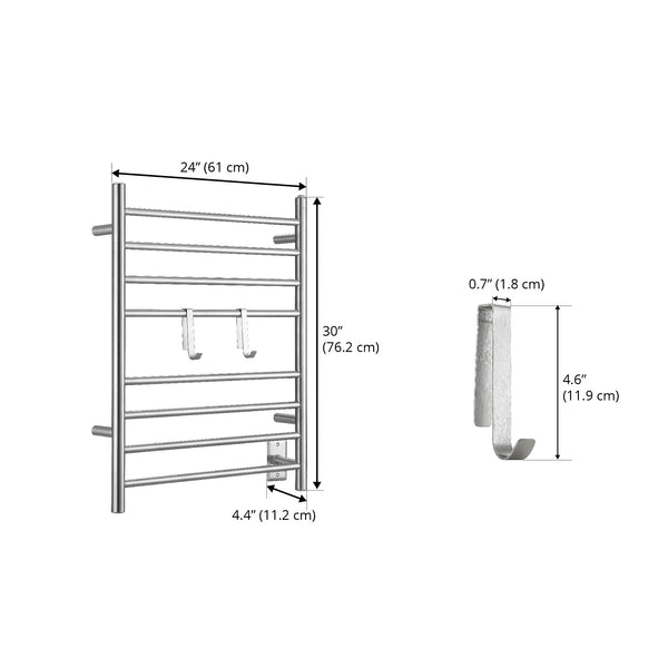 Ancona - Porte-serviettes chauffant électrique (câblé et sur prise) à 8 barres de la gamme Prestige Dual en acier inoxydable brossé avec 2 crochets ajustables
