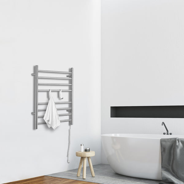 Ancona - Porte-serviettes chauffant électrique (câblé et sur prise) à 8 barres de la gamme Prestige Dual en acier inoxydable brossé avec 2 crochets ajustables