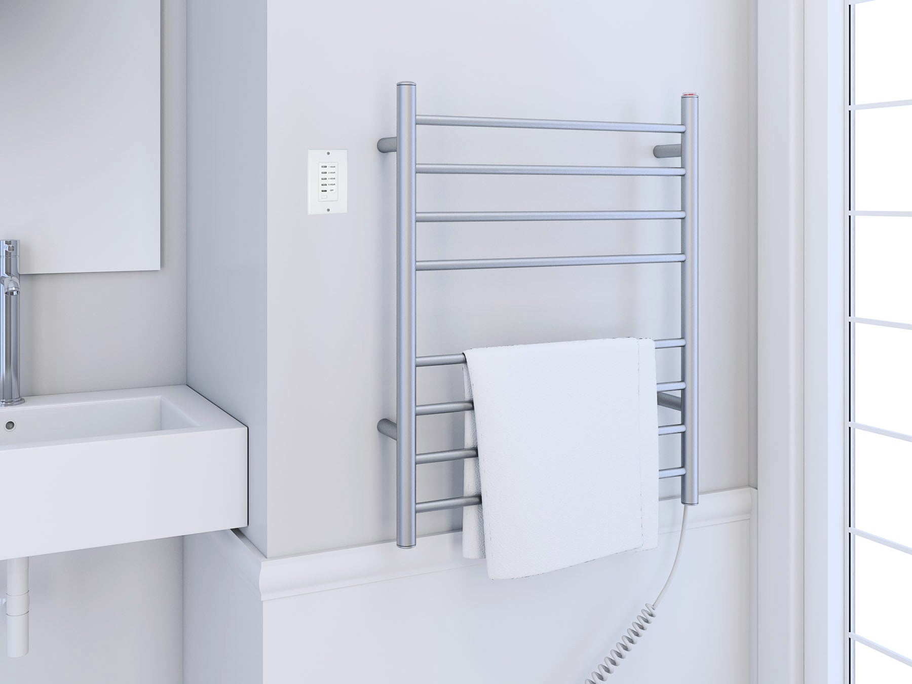 Prestige Dual 8-Bar Hardwired and Plug-in Towel Warmer in Brushed Stainless Steel with Wall Countdown Timer