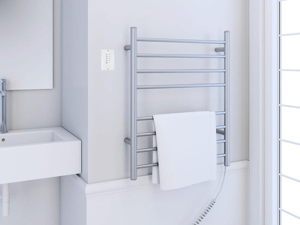 Prestige Dual 8-Bar Hardwired and Plug-in Towel Warmer in Brushed Stainless Steel with Wall Countdown Timer
