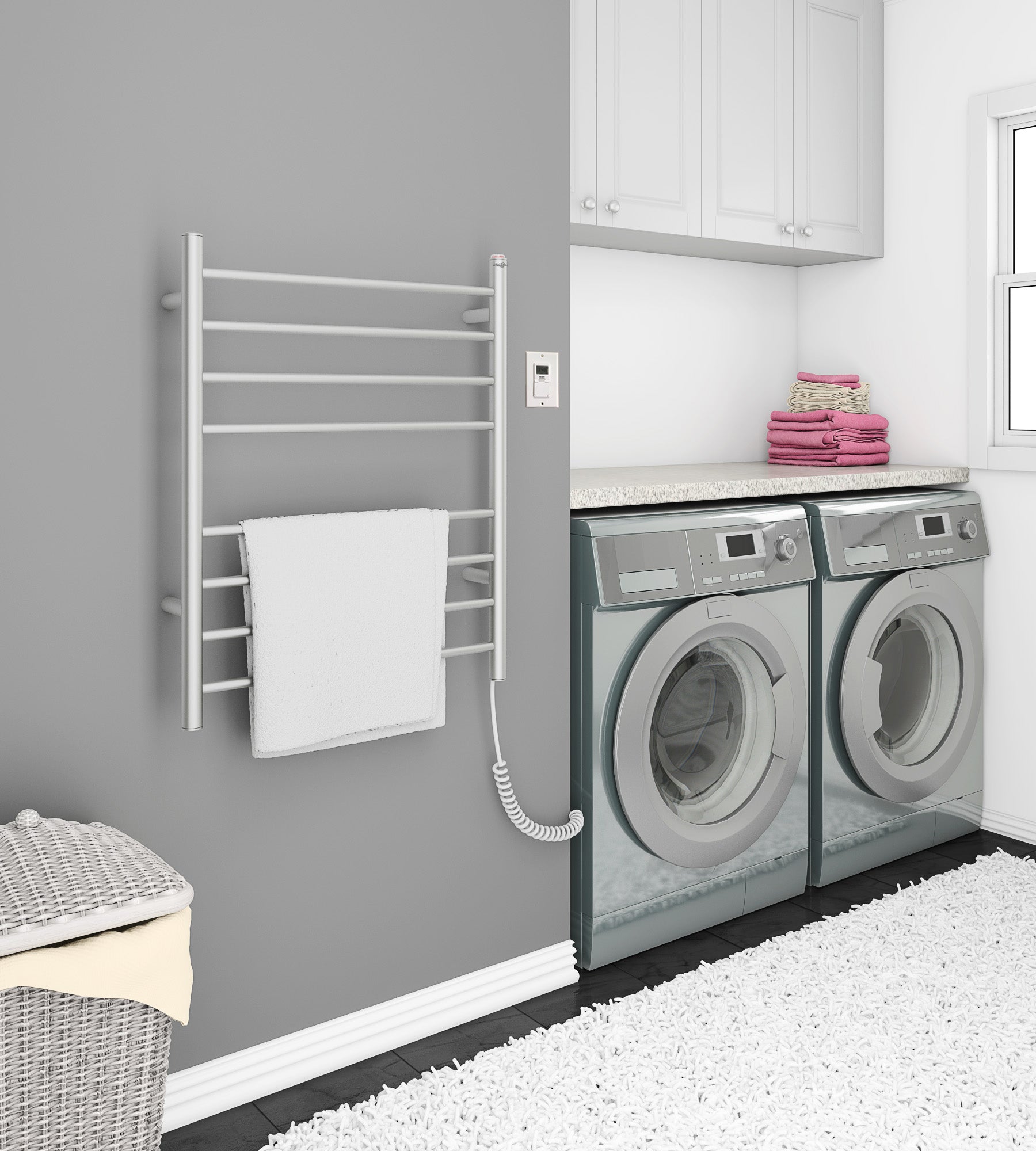 Prestige Dual 8-Bar Hardwired and Plug-in Towel Warmer in Brushed Stainless Steel with Timer