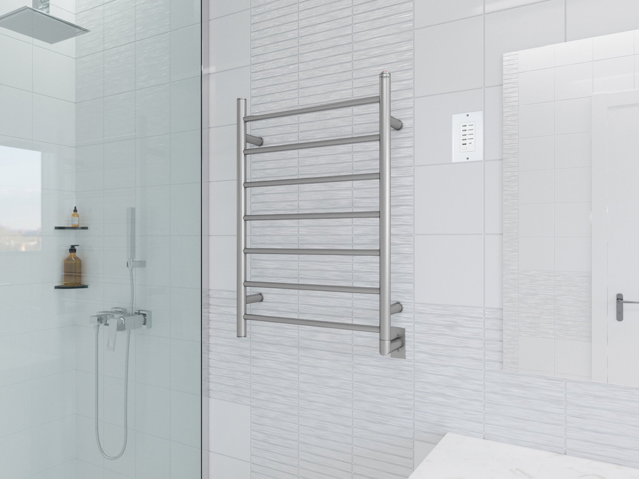 Porte-serviettes chauffant à fixation murale Comfort 7 en acier inoxydable brossé à 7 barres avec minuterie préprogrammée
