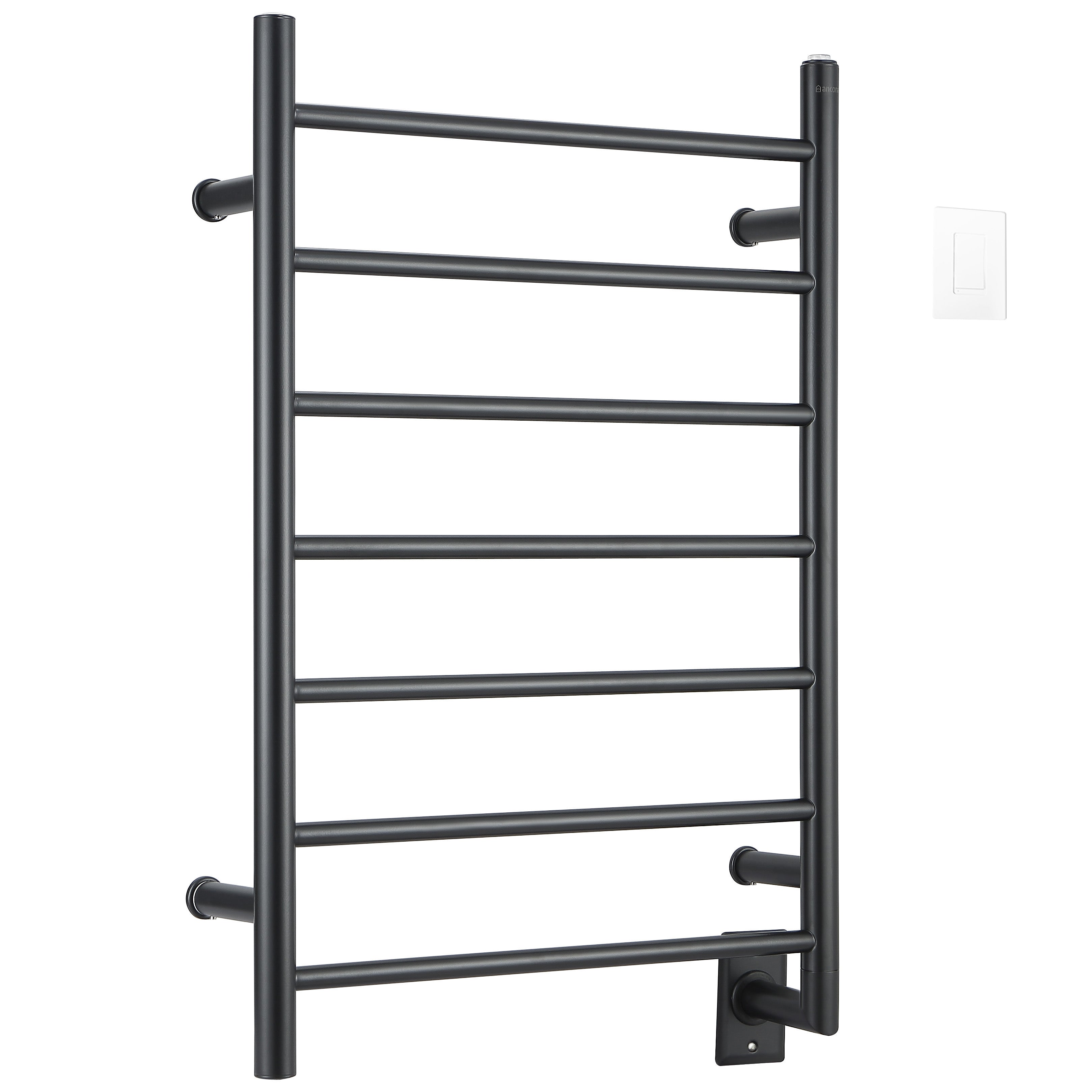 Porte-serviettes chauffant à fixation murale Comfort 7 en acier inoxydable au fini noir mat à 7 barres de Ancona avec minuterie Wi-Fi