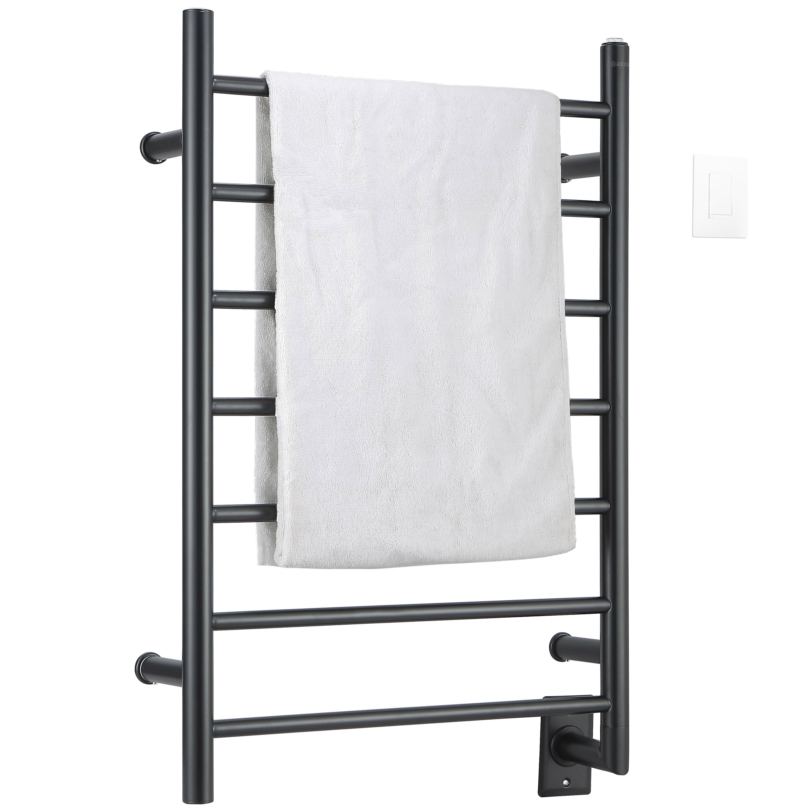 Porte-serviettes chauffant à fixation murale Comfort 7 en acier inoxydable au fini noir mat à 7 barres de Ancona avec minuterie Wi-Fi