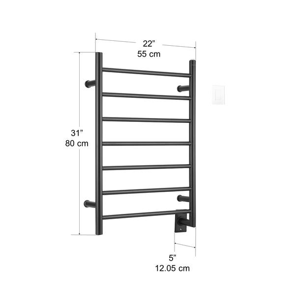 Porte-serviettes chauffant à fixation murale Comfort 7 en acier inoxydable au fini noir mat à 7 barres de Ancona avec minuterie Wi-Fi