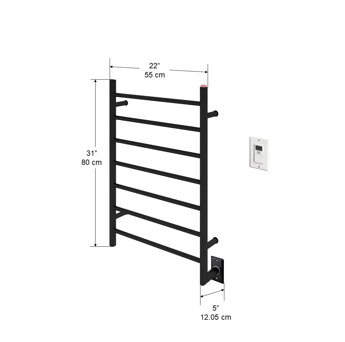 Chauffe-serviettes Comfort à 7 barres câblé en noir mat avec minuterie murale