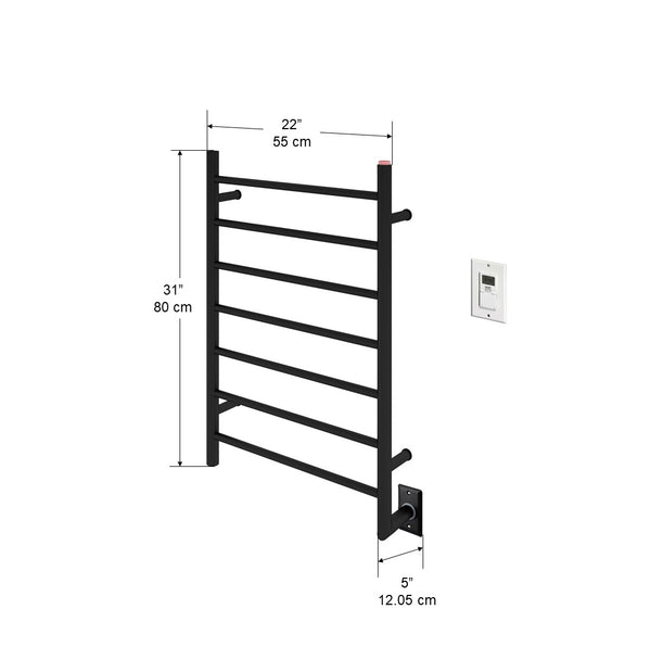 Chauffe-serviettes Comfort à 7 barres câblé en noir mat avec minuterie murale