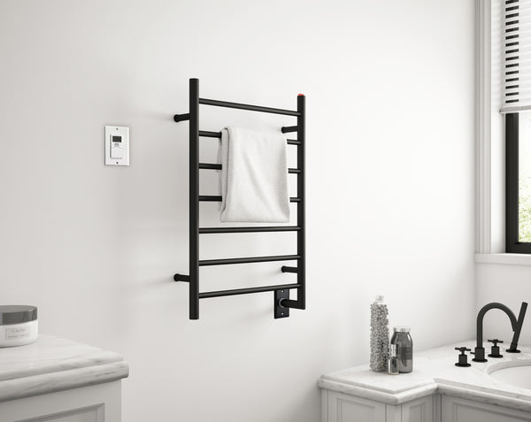 Chauffe-serviettes Comfort à 7 barres câblé en noir mat avec minuterie murale