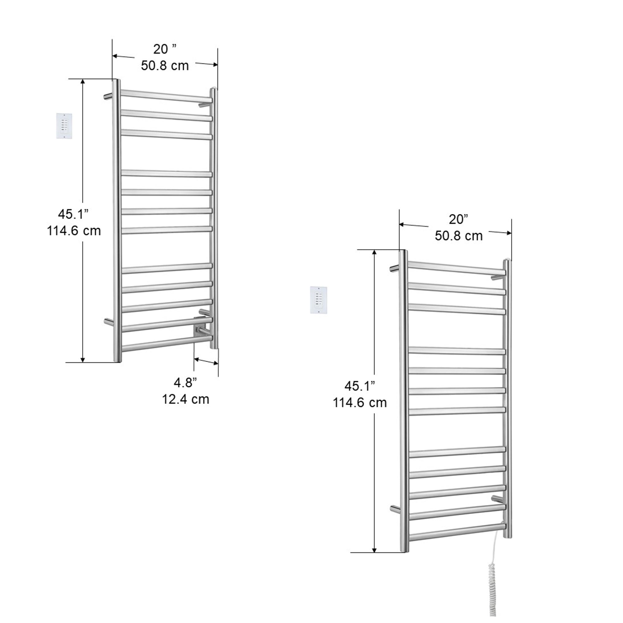 Prima Dual XL 12-Bar Hardwired and Plug-in Electric Towel Warmer in Polished Stainless Steel with Countdown Wall Timer