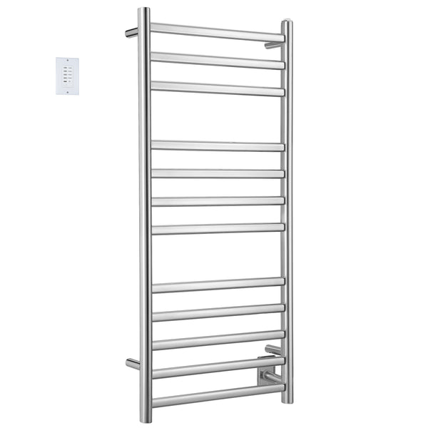 Prima Dual XL 12-Bar Hardwired and Plug-in Electric Towel Warmer in Polished Stainless Steel with Countdown Wall Timer