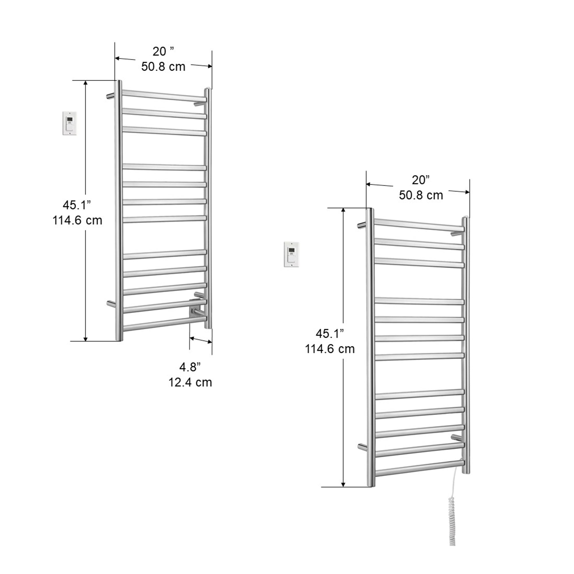 Prima Dual XL 12-Bar Hardwired and Plug-in Electric Towel Warmer in Polished Stainless Steel with Digital Wall Timer