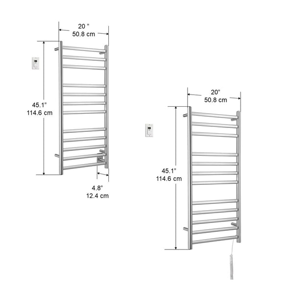 Prima Dual XL 12-Bar Hardwired and Plug-in Electric Towel Warmer in Polished Stainless Steel with Digital Wall Timer