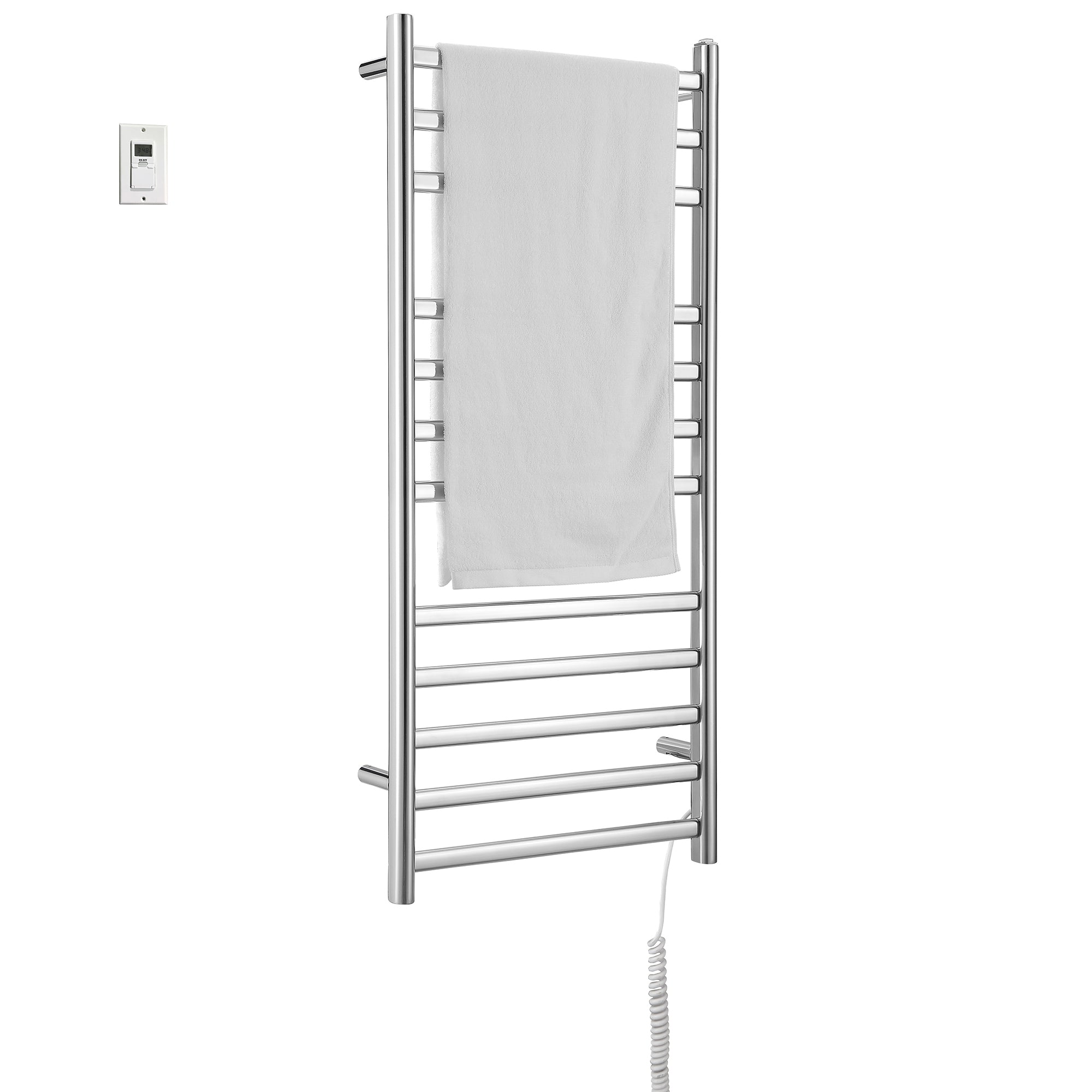 Prima Dual XL 12-Bar Hardwired and Plug-in Electric Towel Warmer in Polished Stainless Steel with Digital Wall Timer
