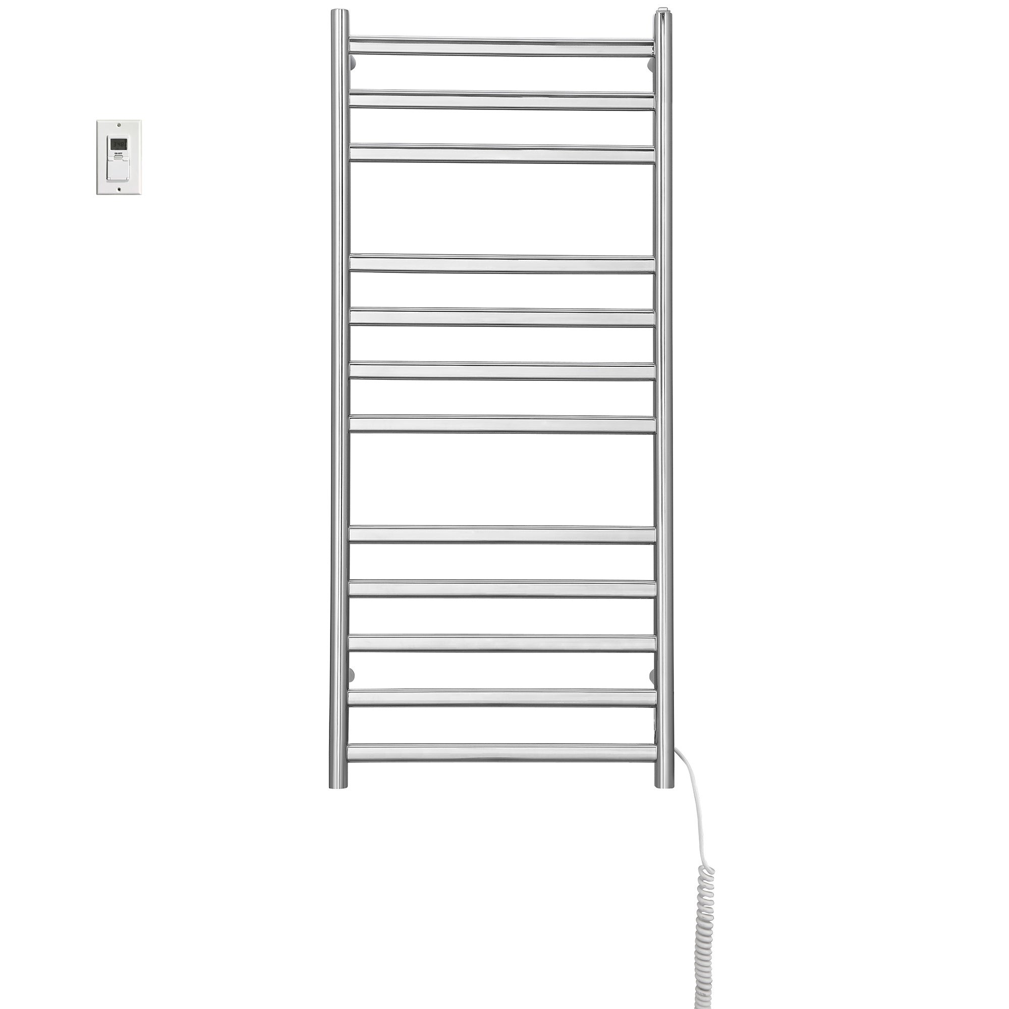 Prima Dual XL 12-Bar Hardwired and Plug-in Electric Towel Warmer in Polished Stainless Steel with Digital Wall Timer