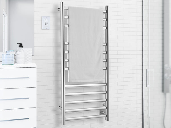 Prima Dual XL 12-Bar Hardwired and Plug-in Electric Towel Warmer in Polished Stainless Steel with Digital Wall Timer
