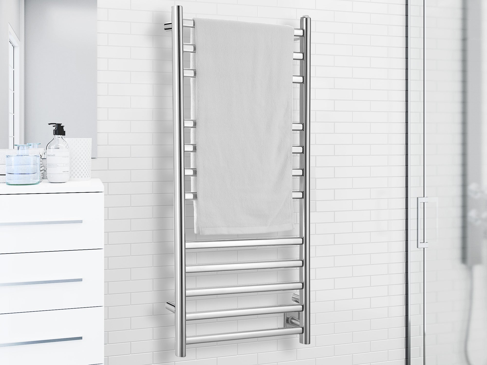 Prima Dual XL 12-Bar Hardwired and Plug-in Electric Towel Warmer in Polished Stainless Steel