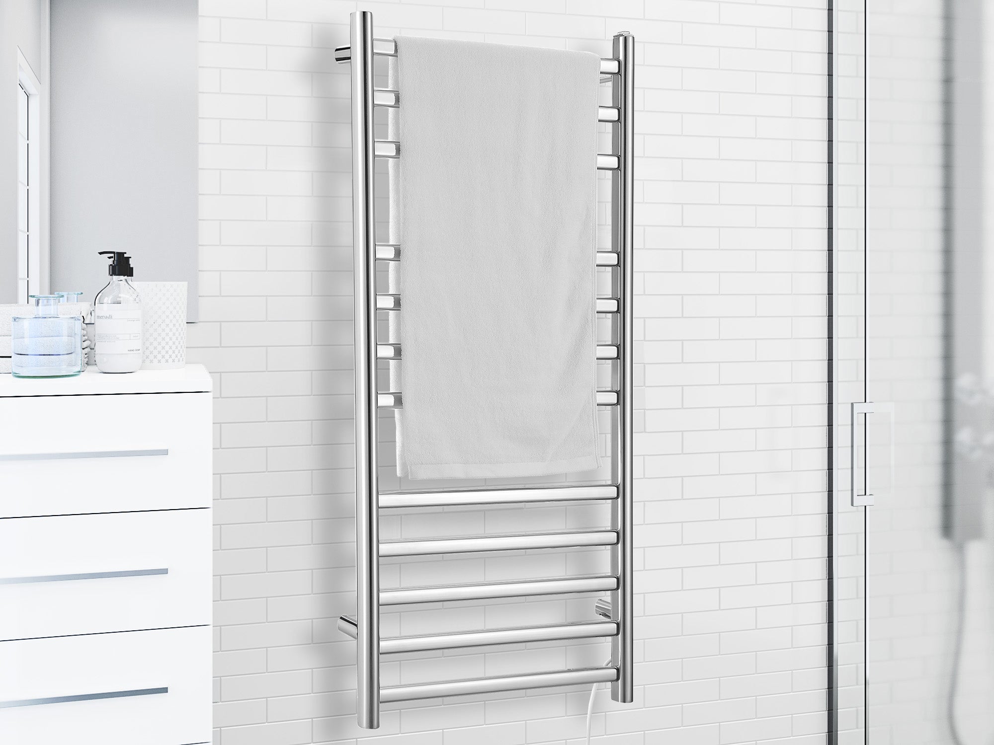 Prima Dual XL 12-Bar Hardwired and Plug-in Electric Towel Warmer in Polished Stainless Steel
