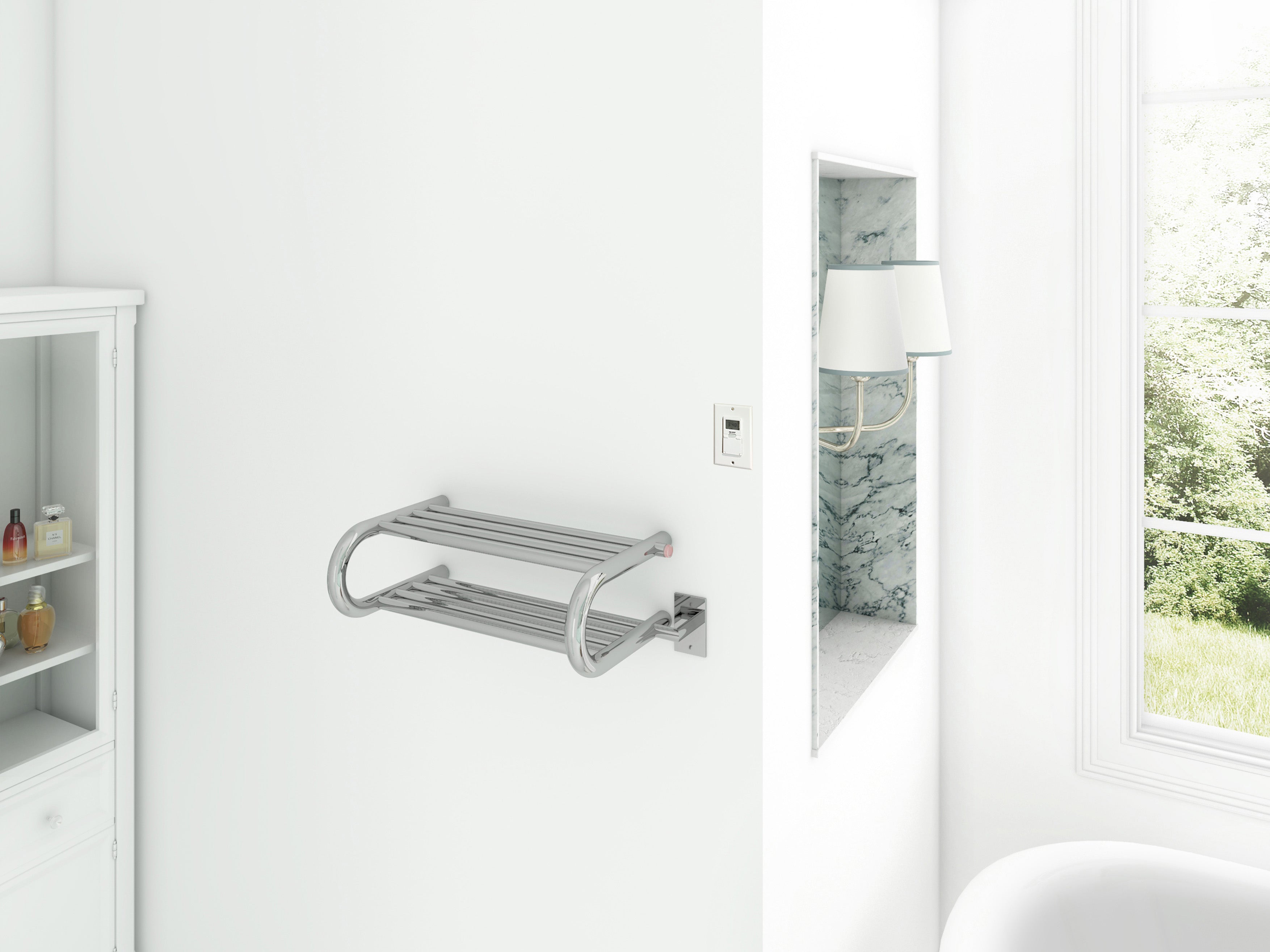 Essentia Shelf 8-Bar Hardwired and Plug-in Towel Warmer in Polished Stainless Steel with Timer