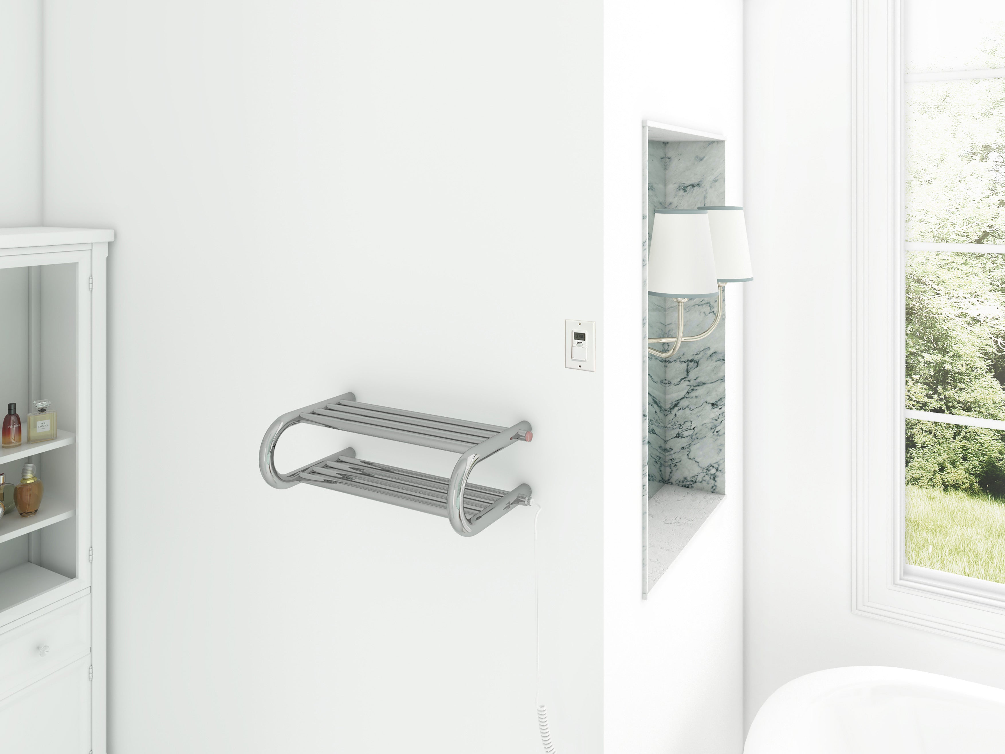 Essentia Shelf 8-Bar Hardwired and Plug-in Towel Warmer in Polished Stainless Steel with Timer