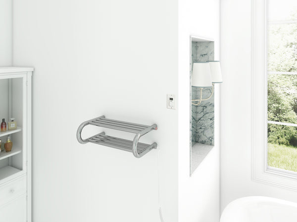 Essentia Shelf 8-Bar Hardwired and Plug-in Towel Warmer in Polished Stainless Steel with Timer