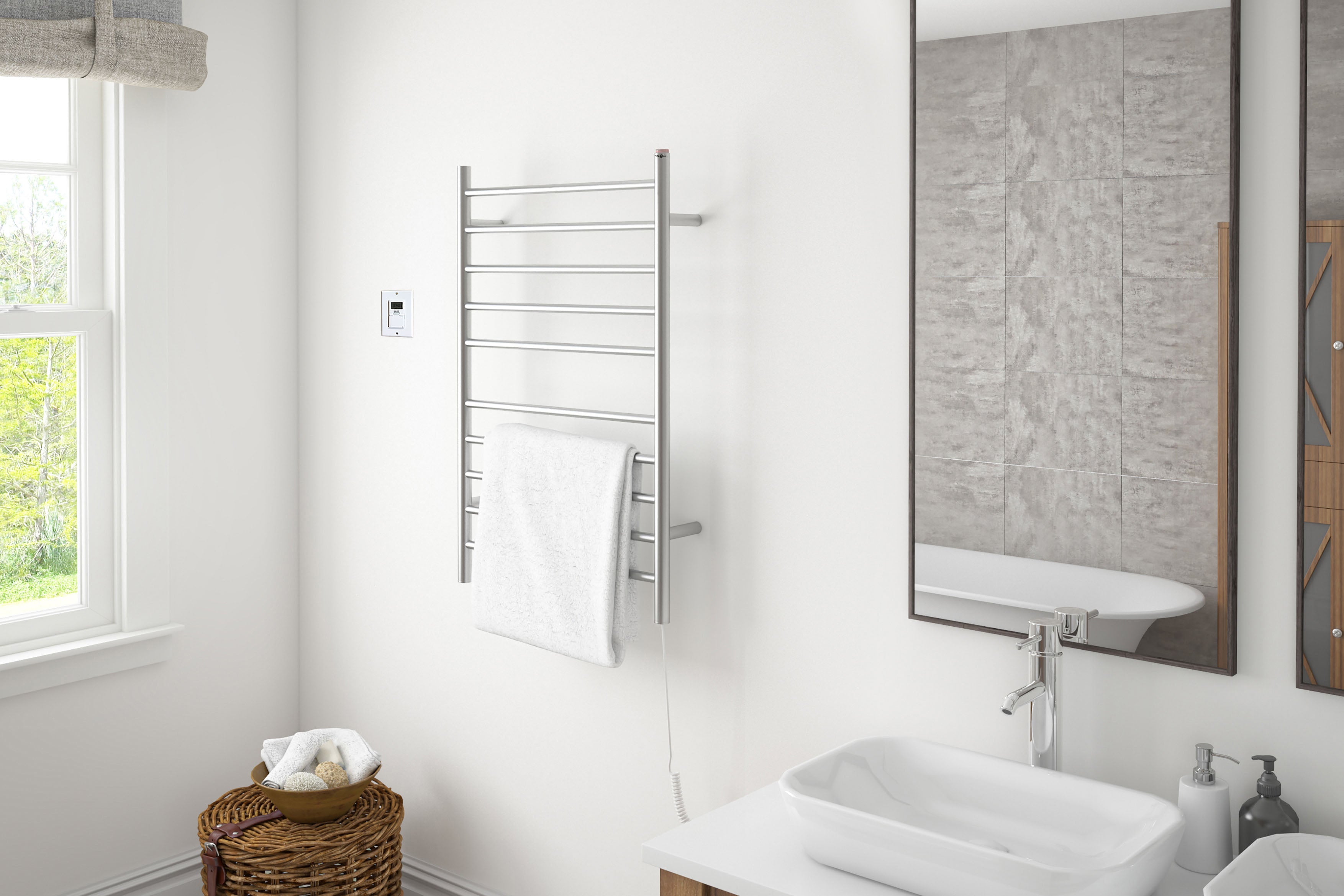 Chauffe-serviettes à 10 barres câblé Comfort Dual en acier inoxydable brossé avec minuterie