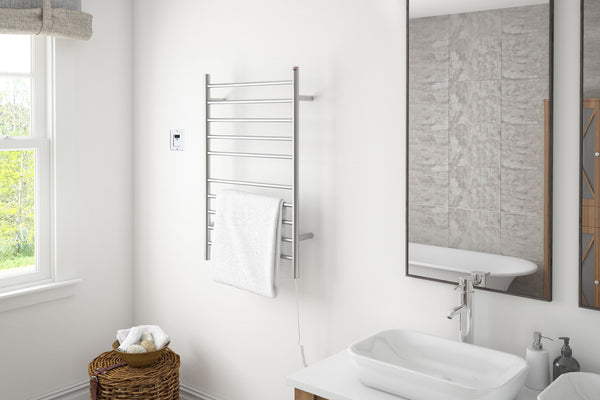 Chauffe-serviettes à 10 barres câblé Comfort Dual en acier inoxydable brossé avec minuterie
